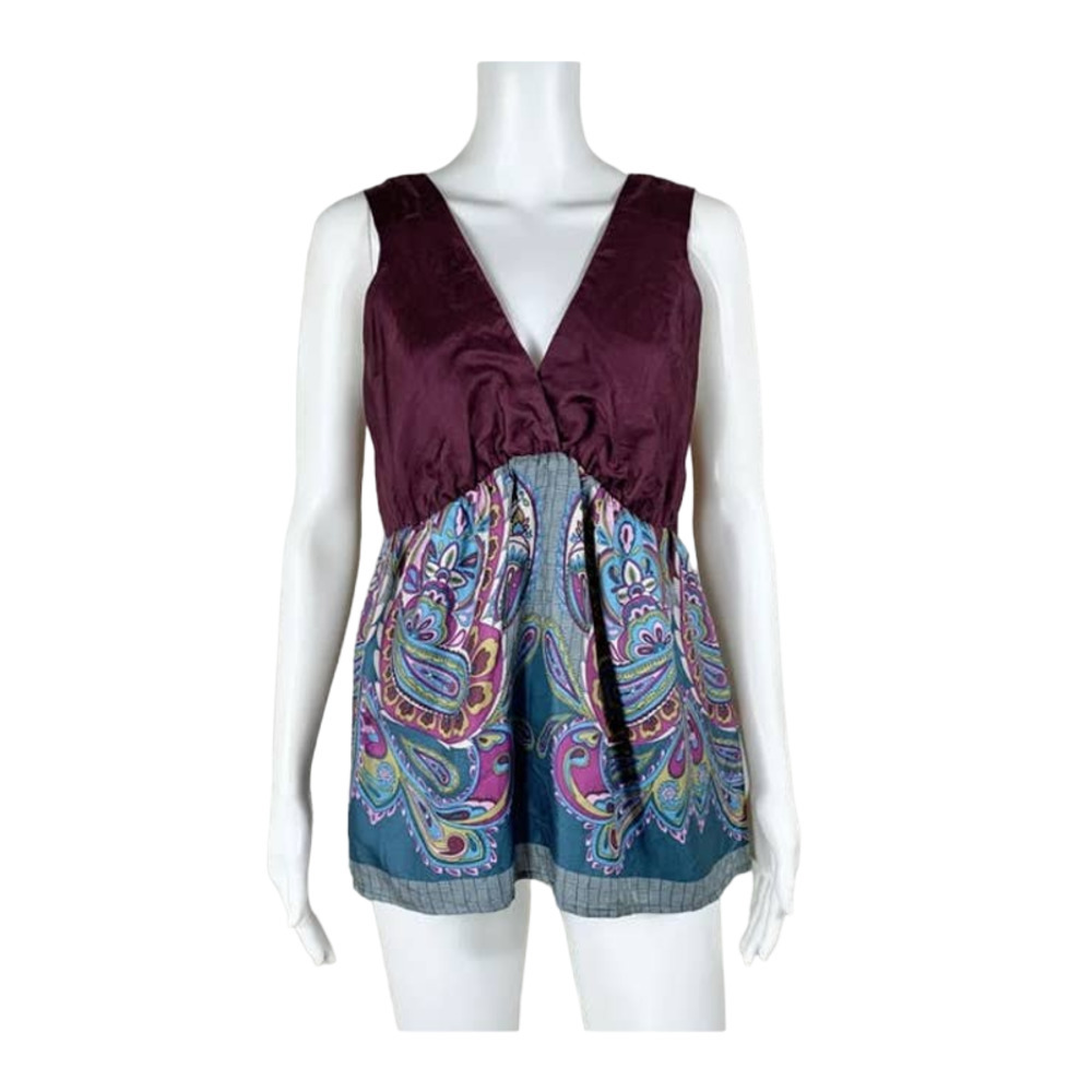 JOHNNY WAS 100% Silk V Neck Tank Top Blouse Paisley Print Ruched Detail Small